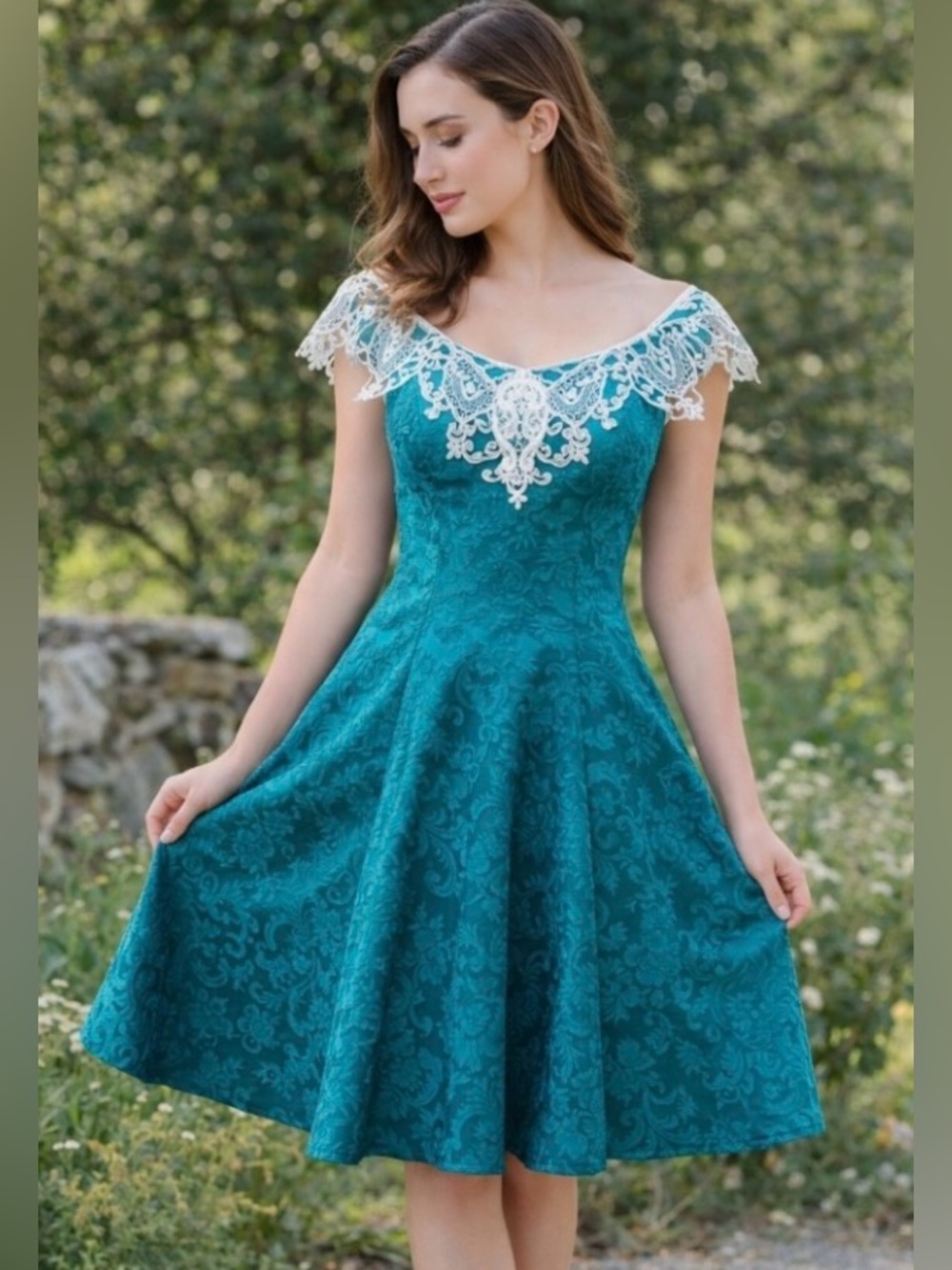 Vintage Jessica McClintock Gunne Sax Teal Lace Jacquard Fit & Flare Dress sz 3/4